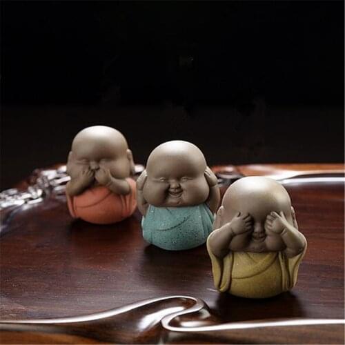 Bigger High-quality Sand Pottery Ceramic Buddha Monk Statue Tea Favorite Desk Shelf Home Decor, Speak Hear See NO Evil