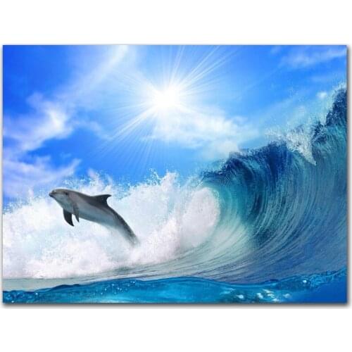 Purple Verbena Art Seascape Flying Dolphin Waves Photo Picture Print on canvas living room wall decoration Drop shipping