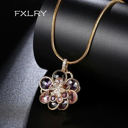 FXLRY Luxurious Champagne Gold-Color Multicolor Micro-inlay Cubic Zircon Big Flower Pendant Necklace for Women Wedding Jewelry