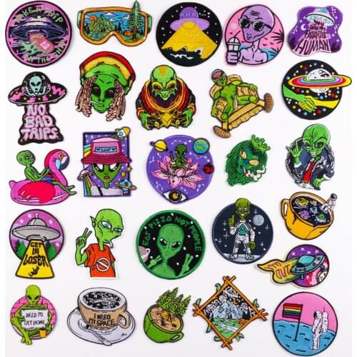 Hippie Alien Patches For Clothing Thermo Adhesive Patches Cartoon Patch Iron On Embroidered Patches On Clothes Space UFO Bagdes