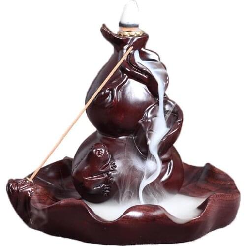 Classic Black Sandalwood Gourd Shape Smoke Waterfall Incense Burner Traditional Backflow Incense Holder Home Buddhist Decor