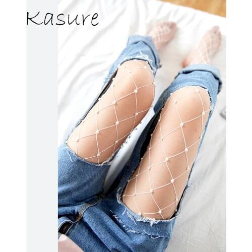 KASURE Personalized Pearl Mesh Tights Women Girl Sexy Big Fishnet Pantyhose Lady Thin Sping Summer Fashion Casual Wild Tights