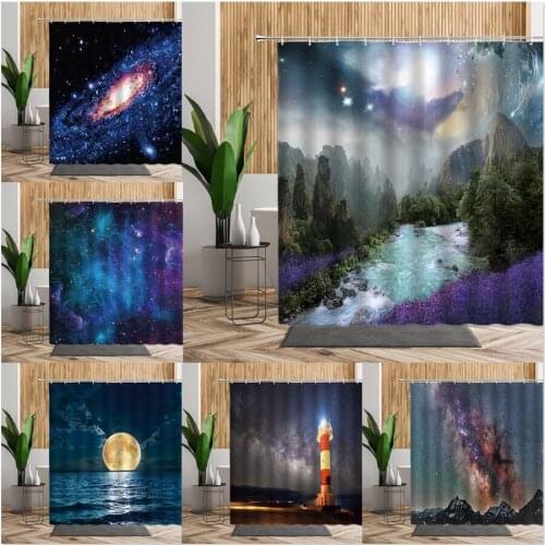 Creative Shower Curtain Sets Galaxy Mountain Lavender Landscape Bathroom Decors Waterproof Bath Fabric Hanging Curtains For Kids
