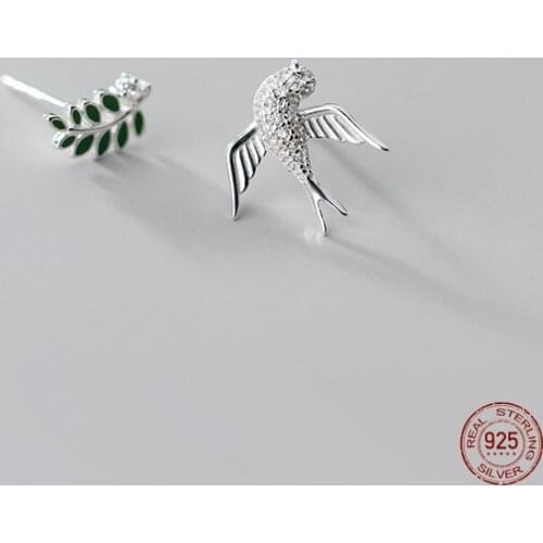 LKO 925 Sterling Silver Fashion Asymmetry Branch Small Bird Stud Earrings For Women Wedding Birthday Present Jewelry Ornaments