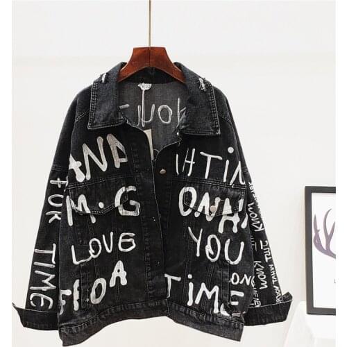 Fashion Letter Embroidery Denim Jacket Coat Women Loose Short Outerwear Autumn Korean Black Blue Jeans Jackets Female Streetwear