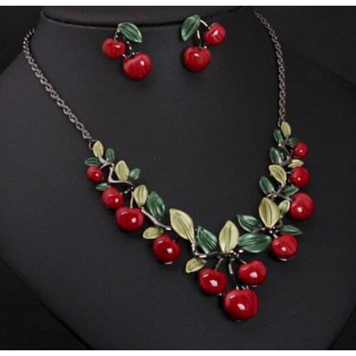 Hot Sale! Red Enamel Cherry Leaf Shape Necklace Stud Earrings Statement Collar Choker Brincos Women Wedding Party Jewelry Sets