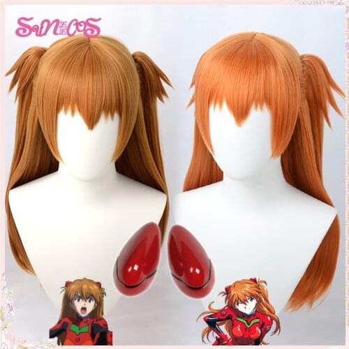 EVA Asuka Langley Soryu Cosplay Wigs Long Brown Orange With 2 Ponytail Clips Hairpin HeadwerHeat Resistant Synthetic HairWig Cap
