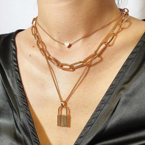 Europe and the United States simple exaggerated thick chain necklace women retro multi-layer geometric lock-shaped love necklace