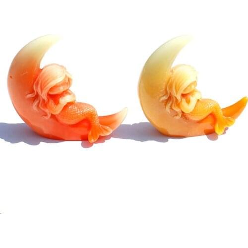 1 Pcs Hand Carved Man Made Moonlight Stone Baby Mermaid and Moon