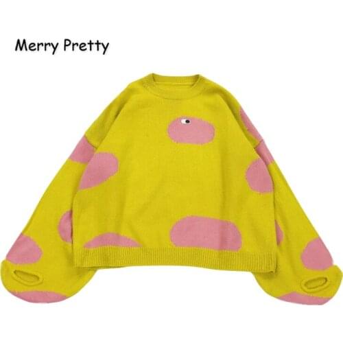 MERRY PRETTY Womens’ Cartoon Embroidery Lantern sleeve Knitted Sweaters 2020 Winter Warm Long Sleeve Jacquard Knit Pullovers