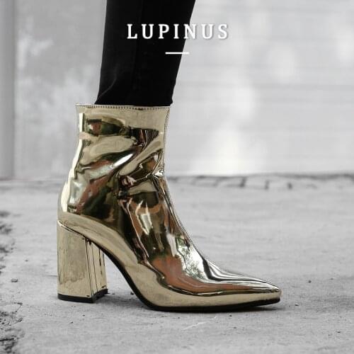 Golden Glossy High Heel Boots Women Pointed Toe Thick Heel Ankle Boots Women Solid Color 2020 Autumn/Winter Fashion Big Size