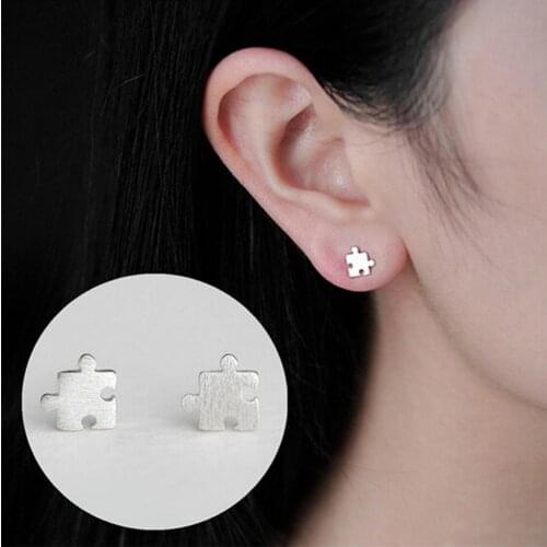 Women Drawing Surface Jigsaw Puzzle Shape Ear Stud Earrings Jewelry Gift