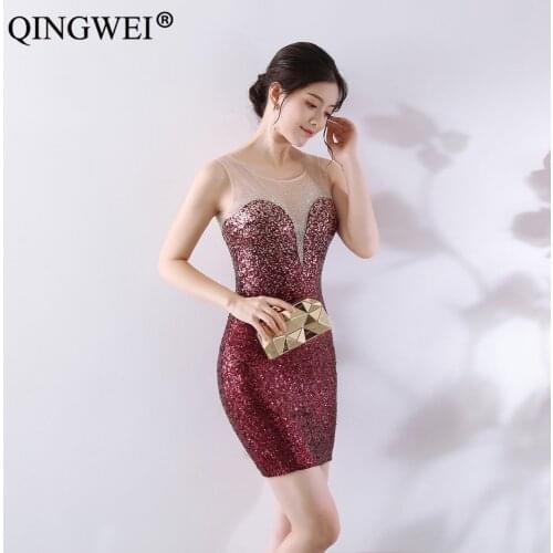 2019 new perspective gradient beads sexy v-neck bag hip dinner show dress small dress slim slimming party dress dresses