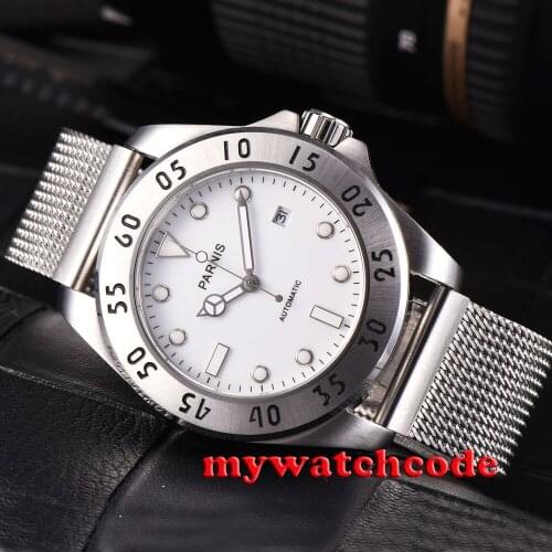 43mm parnis white dial luminous marks sapphire glass steel bezel miyota automatic mens watch602