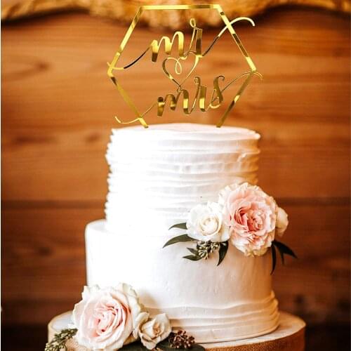Acrylic Mirror Gold Hexagon Elegant Handwriting Mr and Mrs Cake Toppers, Wedding, Bridal Shower, Engagement, Anniversary