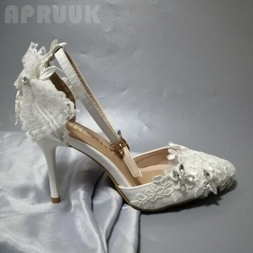 White lace applique crystal wedding shoes woman bridal brides 10CM thin high heels sexy point toes ankle straps bridal pumps