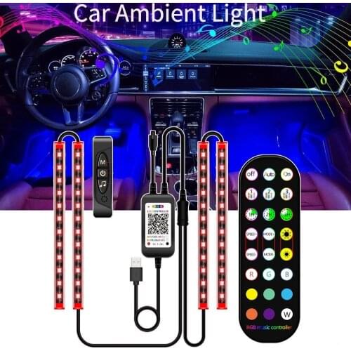 Car Atmosphere Lights 2/4 12LED Strip Light Decorative Single color 12V Ice Blue Light Interior Floor Decoration Neon Light Lamp