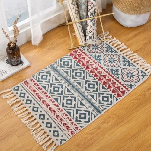 Bohemian Carpet Hand Woven Tassel Non-slip Retro Cotton Linen Bedside Rug Washable Geometric Floor Mat For Living Room Bedroom