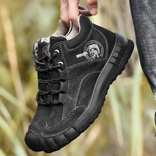 Natural Leather Men Boots Adult High Quality Outdoor Warm Plush Ankle Snow Shoes Non-slip Winter Hiking Boots Genuine Leather