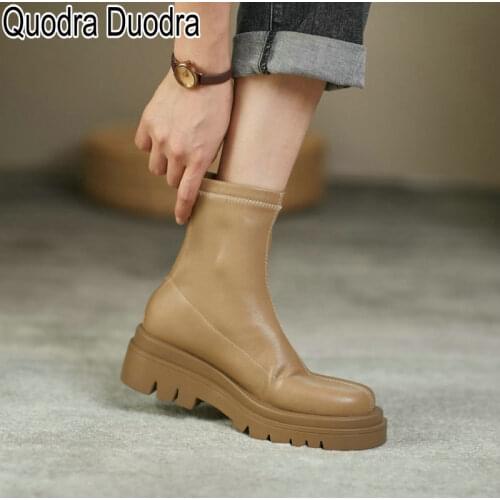 Winter Stretch Boots Women Shoes Round Toe Fashion Female Platform Solid Zipper Big Size Ankle Boot Lady Thick High Heels Casual