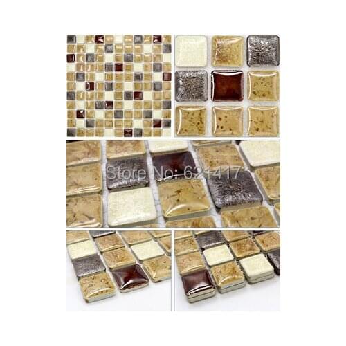 Khaki and white ceramic mixed silver grey metal mosaic tiles for kitchen backsplash dining room courtyard garden wall tile