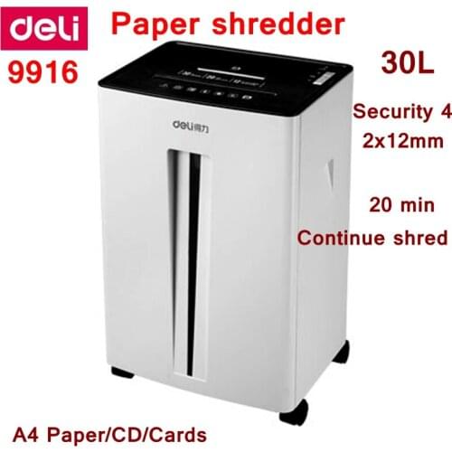 Deli 9916 Electric paper shredder 30L volume 220-230VAC/50Hz 240W 2x12mm scraps 20 minutes coutinue shred CD cards shredder