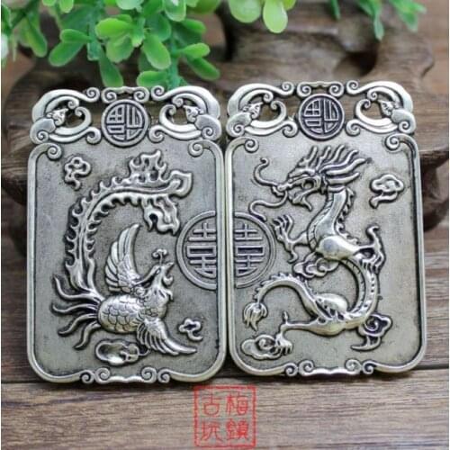 A Pair of Exquisite Chinese Collection Tibetan Silver Round Dragon and Phoenix Pendant Plates