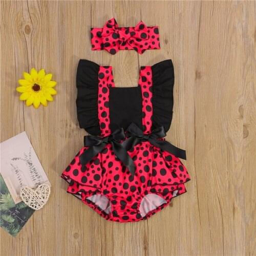 2 Piece Baby Girls Outfit Set Toddlers Summer Creative Dot Printing Splicing Skirt Fly Sleeve Lace Up Romper + Bow Headwear Set