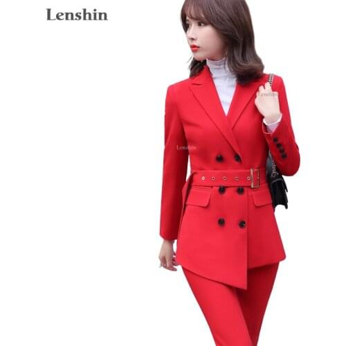 Lenshin High Quality 2 Piece Suit Set Women Red Pant Suits Business Office Lady Work Wear Formal Blazer with Sashes