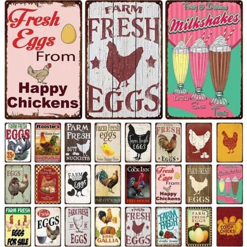 Rooster Hen Metal Tin Sign Farm Egg Chicken Retro Letter Picture Art Painting Plate Plaque Home Restaurant Kitchen Decor