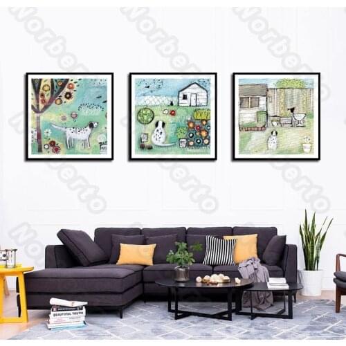 Cartoon Drawing Pictures Canvas Painting Poster Rural Animals Life Houses Dogs Gooses for Living Room Bedroom Restaurant Decorat