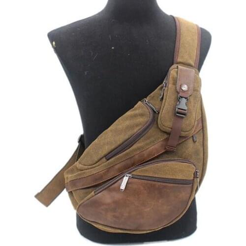 Men Canvas Sling Chest Day Back Pack Bag Travel Big Capacity Retro Cross Body Single Rucksack Shoulder Messenger Triangle Bag