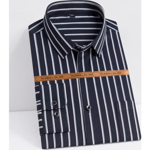 Mens Classic Dress Shirt Fashion Long Sleeve Silky Fabric Striped Shirts Single Patch Pocket Work Casual Standard-Fit