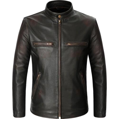 2021 New Vintage Style Motorcycle Genuine Leather Jacket Mens Handmade old Natural Cowhide Calfskin Biker Coat Clothes