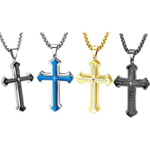 Mens Bible Cross Pendant Necklace Stainless Steel Black Gold Blue Color Jewelry Gift