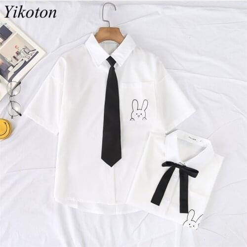 New 2021 Summer Chic Blouses White Shirts For Womens Top Bow Tie Shoer Sleeve Tops Lapel Solid Loose Preppy Style JK Uniform