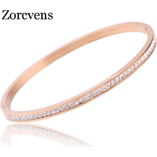Modyle New Fashion Brand Rose Gold Color Two crystal rhinestone pave stainless steel opening bangle for women