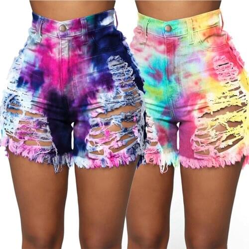 Nightclub Wear Women Sexy Tie-Dye Printed Ripped Hollow Out Short Jeans Fashion High Waist Bodycon Shorts 2020 Summer INS Newest