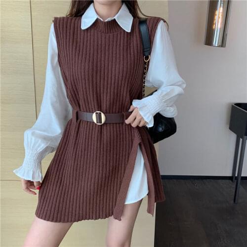Autumn Winter Womens Shirt Vest Two Piece Set New Long Sleeve Lapel Shirt + Knitted Vest with Belt Womens Two Piece Sets Q857