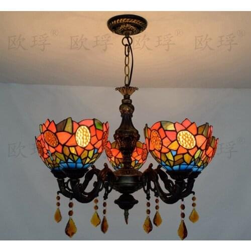 Garden sunflowers 5 heads dining room bedroom Crystal lamps Tiffany Stained glass Restaurant Pendant Lights 110-240V E27