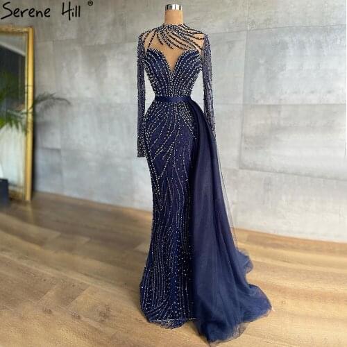 Serene Hill Muslim Navy Blue Luxury Evening Dresses Gowns 2021 Beaded Mermaid Elegant For Women Party LA71359