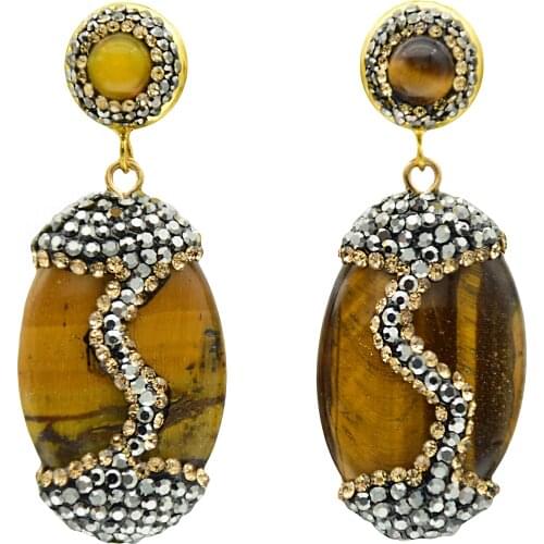Natural Stone Earrings For Women Handmade Jewelry Trendy Gold Metal InlayTiger Eye Stone Dangle Earrings Suitable Party Wedding