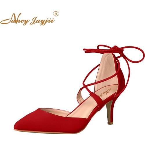 Women Shoes Ladies Pumps Flock Black Solid Ankle Strap Lace-Up Wedding/Party Super High thin heels Cover Elegant Fashion 2019