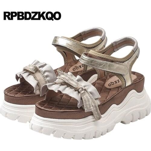 High heels summer 2019 gold flatform slingback genuine leather pumps quality wedge sandals platform open toe shoes women luxury