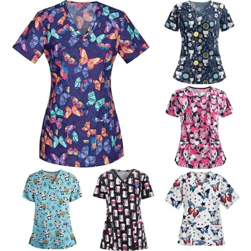 Women Short Sleeve V-neck Tops Working Uniform Cartoon Print Blouse 2021 Summer Plus Size Hot Sale Nurse Uniform Blouse F