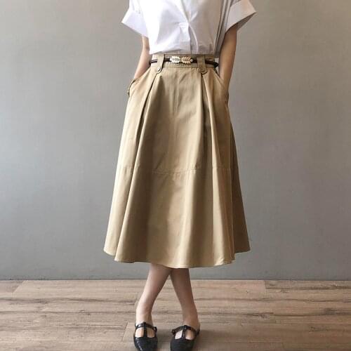 2021 Summer Skirt Women Mid-Length French Style Vintage Loose Princess Clothing High Waist Buttons Pockets A-Line No Belt