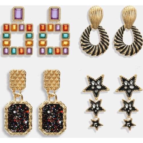 Vintage Metal Long Dangle Earrings For Women Jewelry Geometric Square Star Pendientes Colorful Sequins Crystal Earrings 2019
