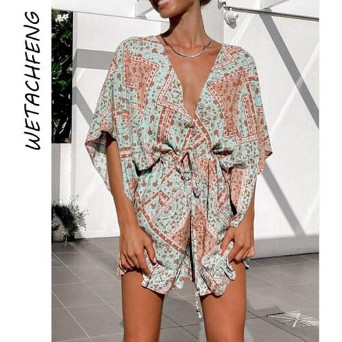 Womens Rompers Green Plaid Floral Print Summer Shorts Playsuits Ruffles Short Sleeve Loose High Waist Dress Jumpsuits Overalls