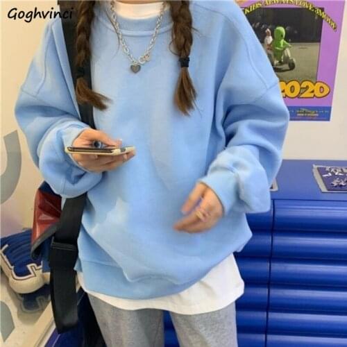 No Hat Hoodies Women O-neck Korean Style Solid Tops Slim Comfortable Chic Simple Loose Leisure Streetwear Ulzzang Ins Harajuku