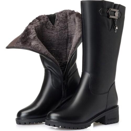 Krasovki Genuine Leather Wool Women Snow Boots Warm Fur Warm Shoes Plush Med Calf Boots Platform for Fashion Women Winter Boots